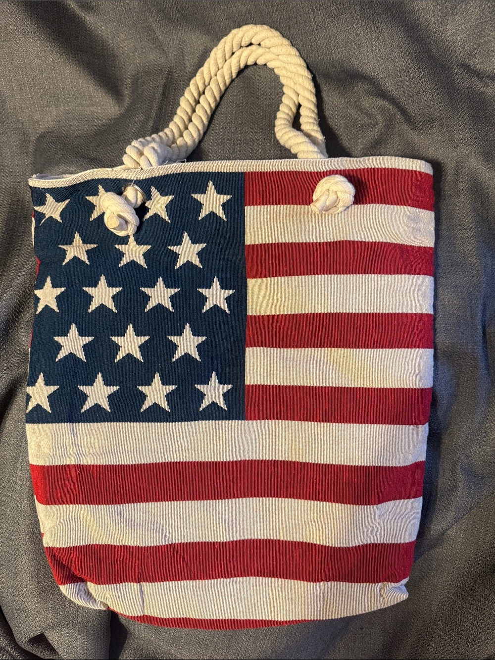 Canvas American Flag Tote with Rope Handles - Red, White & Blue